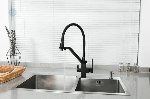 Смеситель для кухни высокий силиконовый гусак под фильтр латунный корпус гайка Ø35 черный Gappo G4317-6 1/4 Черный матовый - фото 2