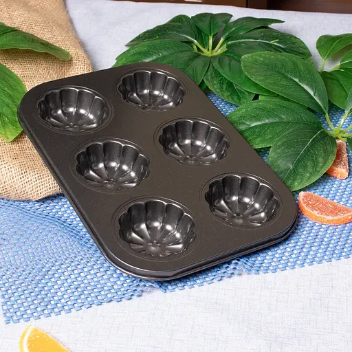 Форма для выпечки кексов и маффинов на 6 ячеек с антипригарным покрытием "Цветы №1" 26.5х18.5х3 см, A-plus Черный 83494 - фото 3