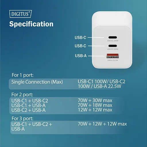 Зарядное устройство 2xUSB-C, 1xUSB-A DIGITUS GaN 100 W - фото 3