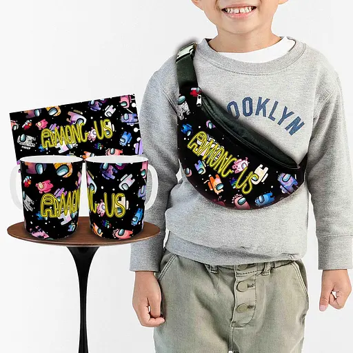 Набор: детская сумка-бананка+кружка Амонг Ас "Among Us" 32х15см,бананка для мальчика через плечо (00888)