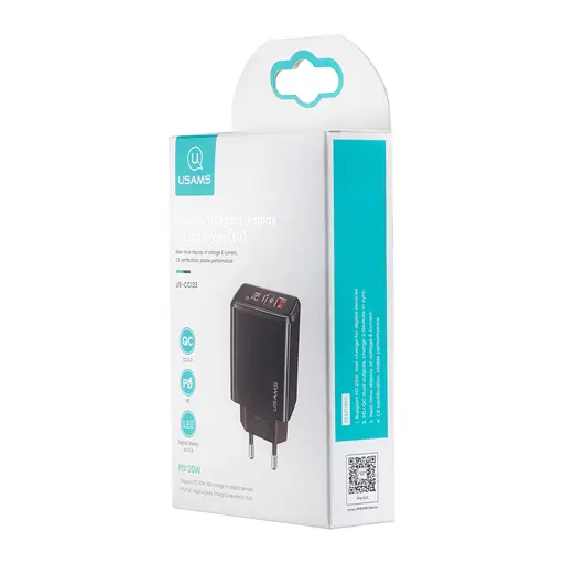 Мережевий зарядний пристрій Usams CC133 T40 QC3.0 + PD Digital Display Fast USB + Type-C Charger 20W ( EU ) Чорний - фото 2