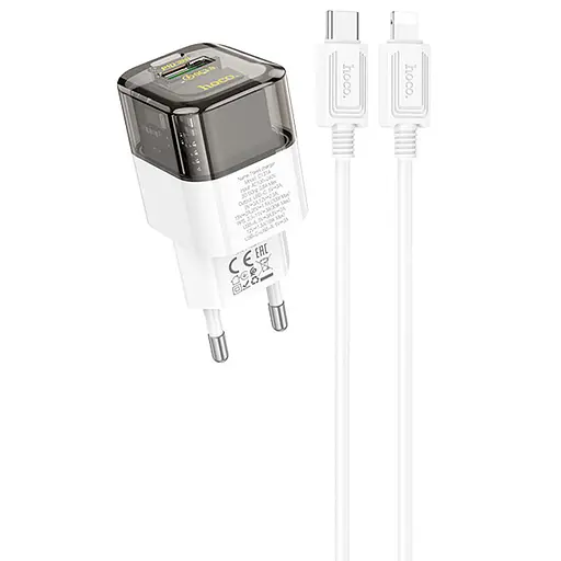 СЗУ Hoco C131A Platium PD30W+QC3.0 (1USB-A/1C) + кабель Type-C to Lightning Transparent black
