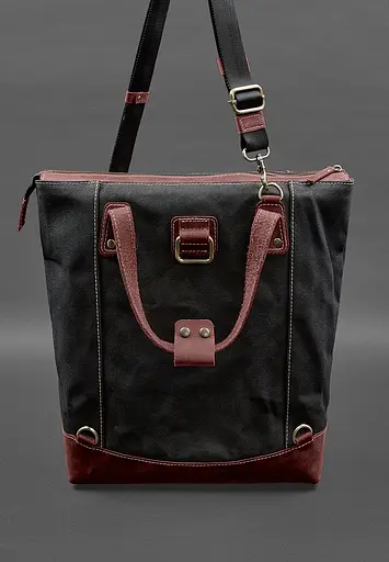 Сумка-рюкзак з канвасу та натуральної бордової шкіри - фото 6