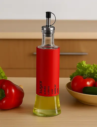 Диспенсер дозатор для масла уксуса соуса стеклянная бутылка с дозатором с стильной цветной накладкой 300 мл, Kitchen Master Красный 87624 - фото 1