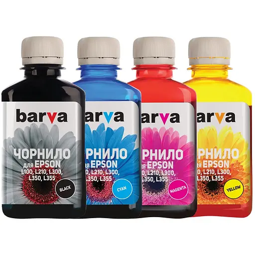 Комплект чорнил Barva Epson L100/L200/L300, Black/Cyan/Magenta/Yellow, 4x180 мл чорнил (E-L100-180-MP)