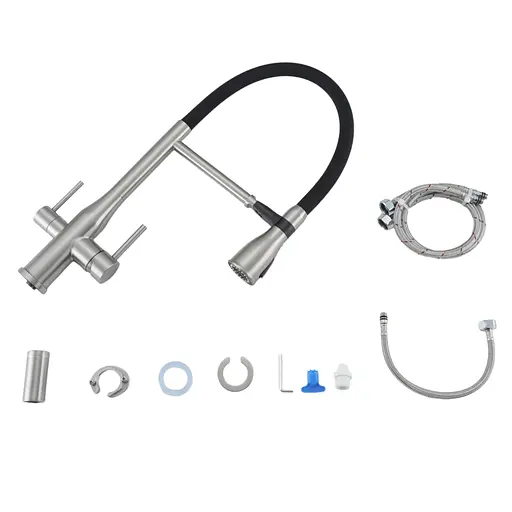 Смеситель для кухни на две воды Gappo G4399-75 гибкий излив нержавеющая сталь сатин/черный Нержавеющая сталь - фото 5