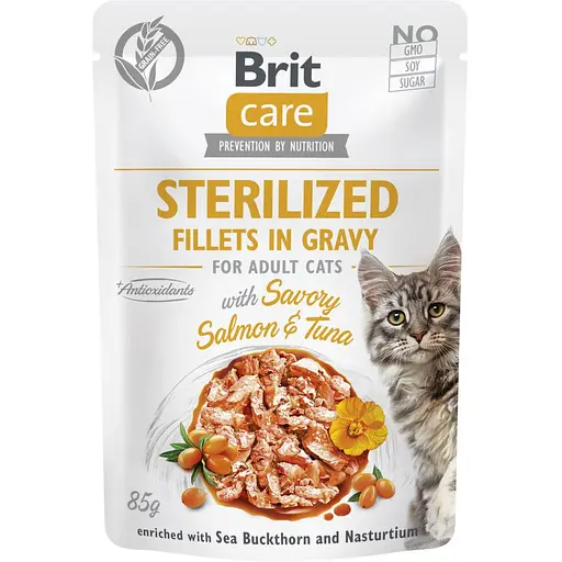 Корм влажный для стерилизованных кошек Brit Care Cat Sterilized филе в соусе с лососем и тунцем пауч 85 г - фото 1