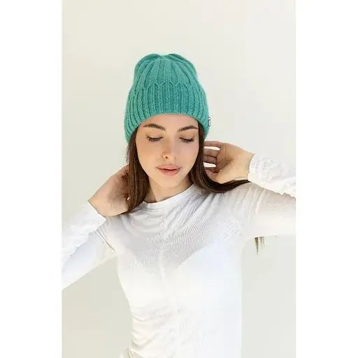 Теплая женская шапка Ангора Рейчел двухслойная с брошью Мятный - фото 1