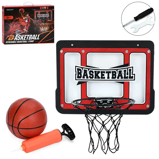 Баскетбольне кільце, пластиковий щит 43x32 см, металеве кільце 25 см, сітка, м’яч, насос, кріплення