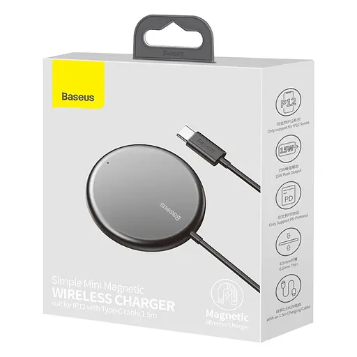 Заряджання Qi BASEUS Simple Mini Magnetic Wireless Charger (набір для Iphone 12 + кабель Type-C 1.5m) - фото 3