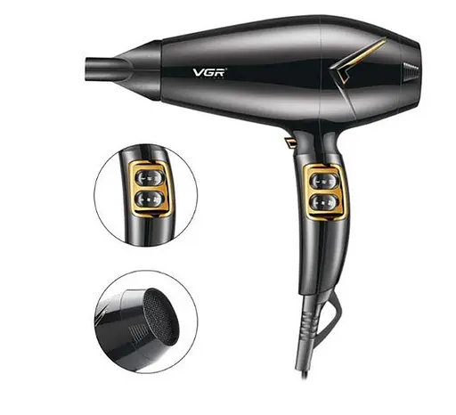 Фен VGR V-423 с ионизацией для сушки и укладки волос с концентратором 2200 Вт Черный - фото 3