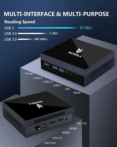 Міні-ПК Maxesla Windows 11 Pro, Intel Celeron N5105 2,9 ГГц 8 ГБ DDR4 256 ГБ SSD M.2, Мінікомп'ютер 2X HDMI UHD, Дводіапазонний - фото 2