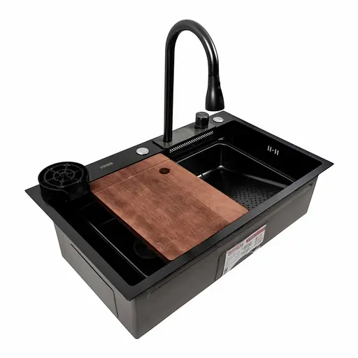 Кухонна мийка PVD чорна CM 75x46A Platinum Handmade Водоспад, Чорний - фото 1