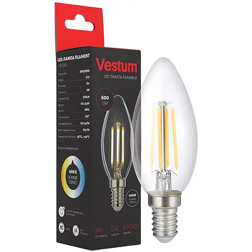 Светодиодная филаментная лампа Vestum С35 Е14 4Вт 220V 4100К 1-VS-2305