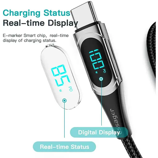 Кабель Essager USB Type-C to Type-C 100W с дисплеем быстрая зарядка 20V 5A - фото 2