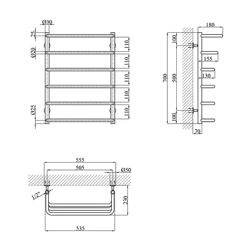 Рушникосушарка водяна Kroner Каскад скоба ДКС04 700x530/6 CV014727, Хром, нижнее - фото 2