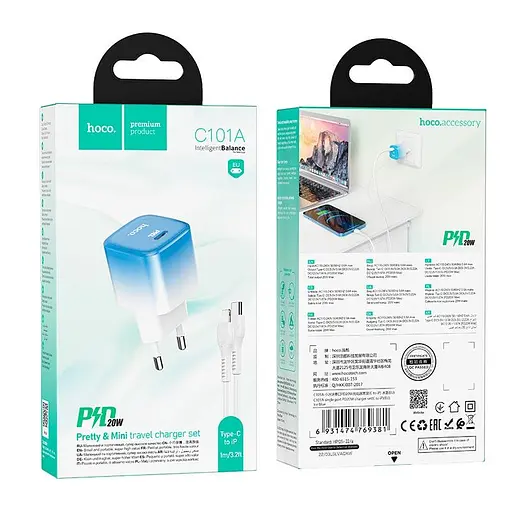 Адаптер сетевой HOCO Type-C to Lightning cable single port charge set C101A набор с кабелем - фото 3