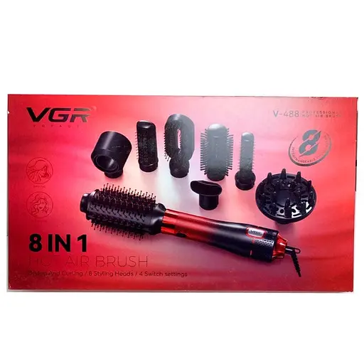 Електрична фен-щітка VGR V-488 для укладання волосся 8в1, 1000-1100Вт Червоний / Чорний - фото 3
