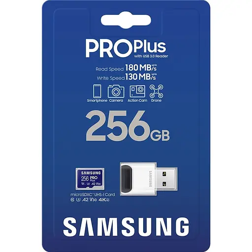 Карта памяти Samsung microSDXC 256GB Class 10 UHS-I U3 V30 A2 PRO Plus + W/Reader (MB-MD256SB/WW) (112860) - фото 6