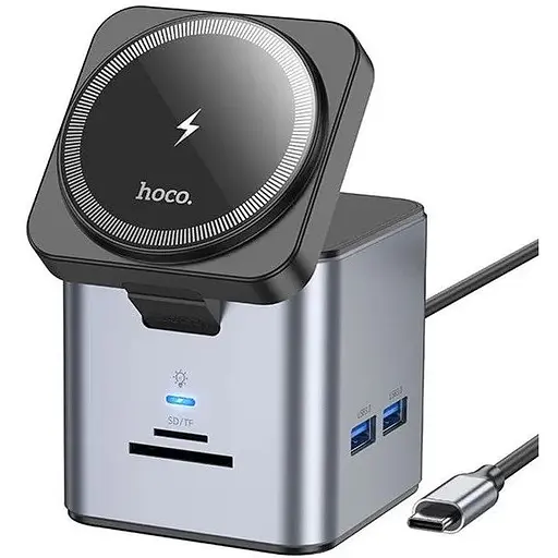 Хаб с беспроводным зарядным Hoco HB49 Effortless 9-in-1 100W Metal gray - фото 1