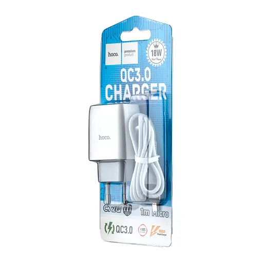 Мережевий зарядний пристрій Hoco C72Q Glorious single port QC3.0 charger ( EU ) ( With Micro USB Cable ) Білий - фото 3