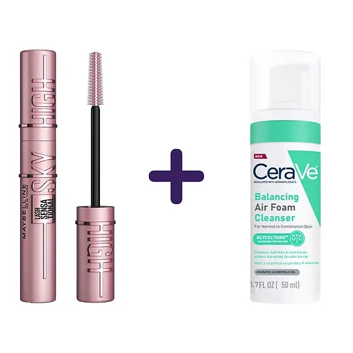 Набір: туш для вій Maybelline New York Lash Sensational Sky High відтінок чорний 7.2 мл + балансувальна легка пінка CeraVe для очищення нормальної, комбінованої та чутливої шкіри обличчя 50 мл