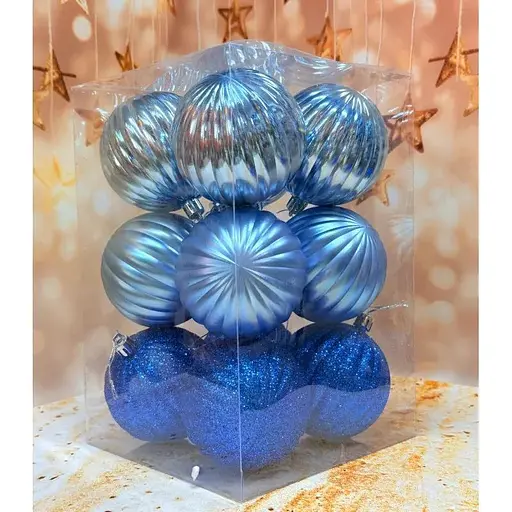 Набір ялинкових іграшок Рельєф пластикових круглих 12 шт 8 см Синій - фото 1