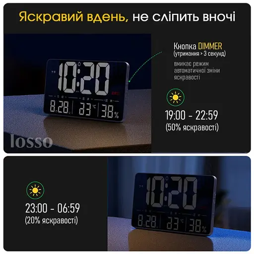 Часы электронные настенные и настольные LOSSO GRAND WC-600 Будильник с пультом Black (18968) - фото 4