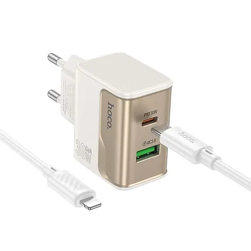 МЗП Hoco CS73A Star Speed PD30W+QC3.0 (1USB-A/1C) + кабель Type-C to Lightning White - фото 2