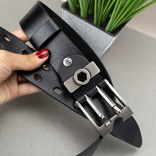 Ремень мужской кожаный черный JK-4068 (125 см) мультитул - фото 3