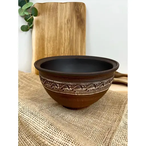 Макитра 2.5 литра керамическая (глиняная) резная ангоб