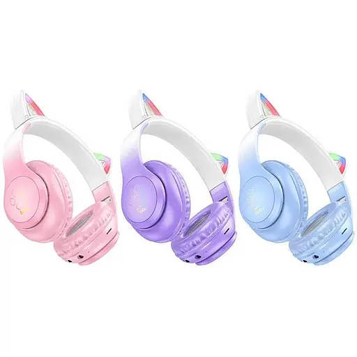 Навушники бездротові повнорозмірні Hoco W42 Cat Ear з підсвічуванням бордові