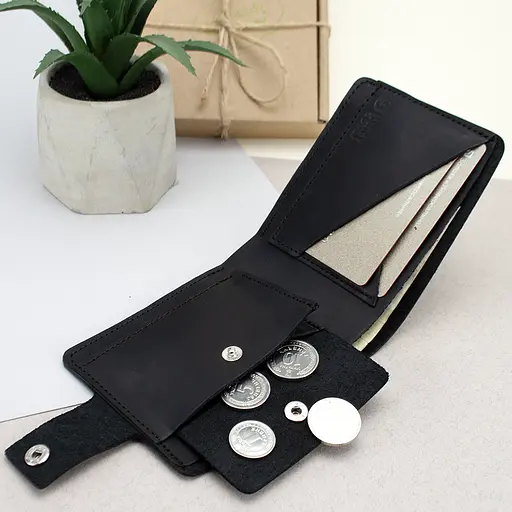 Кошелек мужской кожаный черный HC-0043-1 матовый с гербом Украины на кнопке - фото 5