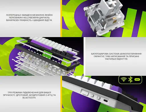 Клавіатура ігрова механічна HATOR HK-60-WV Wireless Hellyberry Switch USB, 2,4 ГГц, Bluetooth 5.3 White-Violet - фото 8