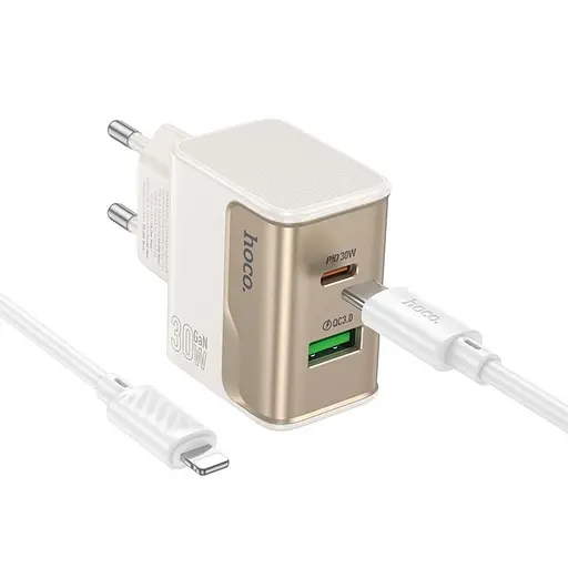 Зарядное устройство Hoco CS73A USB/ Type-C PD 30W QC белый + кабель Type-C to Lightning - фото 1