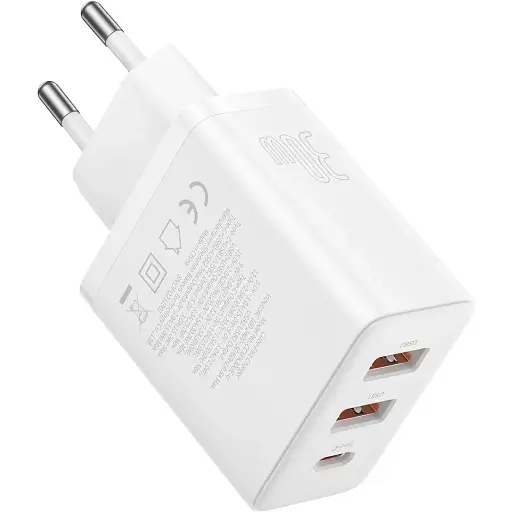 Зарядний пристрій адаптер живлення на 3 порти Baseus Cube GaN5 2U+C 30 W білий - фото 1