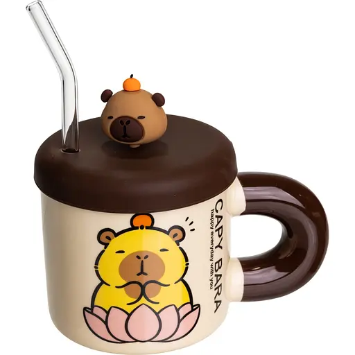 Чашка фарфоровая Капибара на кувшинке 400 мл с крышкой и трубочкой FM-27B