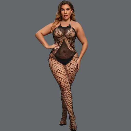 Бодістокінг жіночий, нейлон, Plus Size, еротичний, відкритий доступ, чорний XL-XXL - фото 1