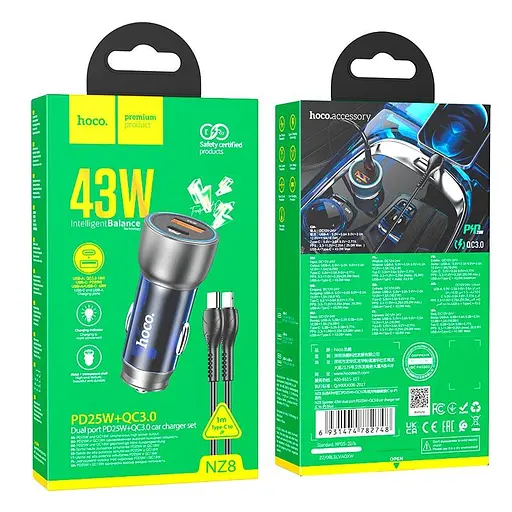 Адаптер автомобильный HOCO Type-C Lightning cable Sprinter dual port car charger NZ8 синий - фото 8
