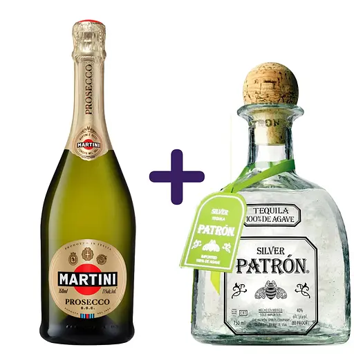 Набор: Игристое вино Martini Prosecco 0,75 л + Текила Patron Silver Tequila 100% Agave 40% 0.75 л в подарочной упаковке