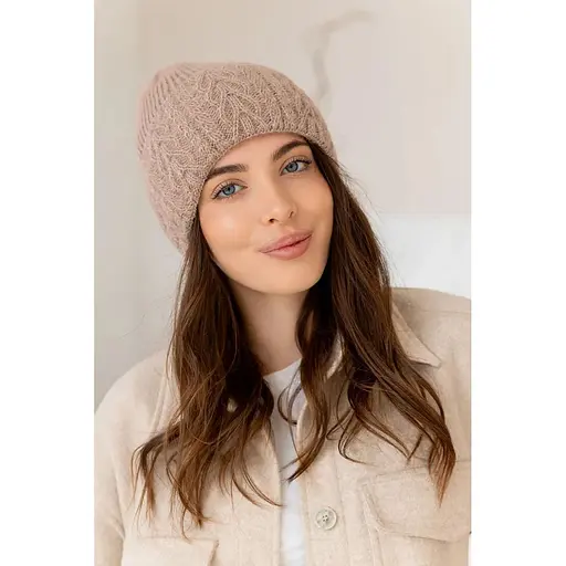 Женская зимняя шапка Лили Травка из ангоры 80% с узором и флисовой подкладкой Бежевый - фото 1