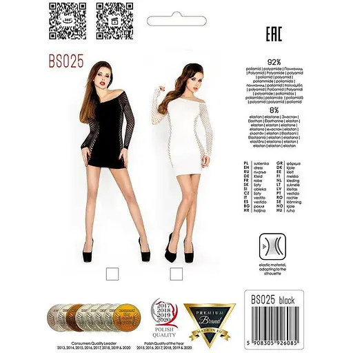 Бодістокінг Passion BS025 white, сукня-сітка, спущене плече, довгий рукав, S/M/L - фото 5