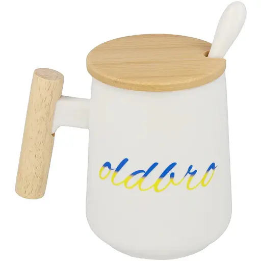 Кухоль керамічний OldBro Ukraine з дерев'яною ручкою кришкою та ложкою 480 мл white - фото 1