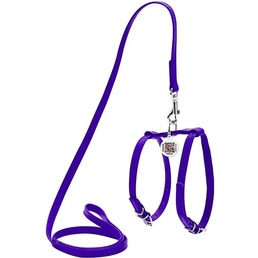 Шлея з повідцем для собак Waudog Glamour шкіряна з QR паспортом, фіолетовий