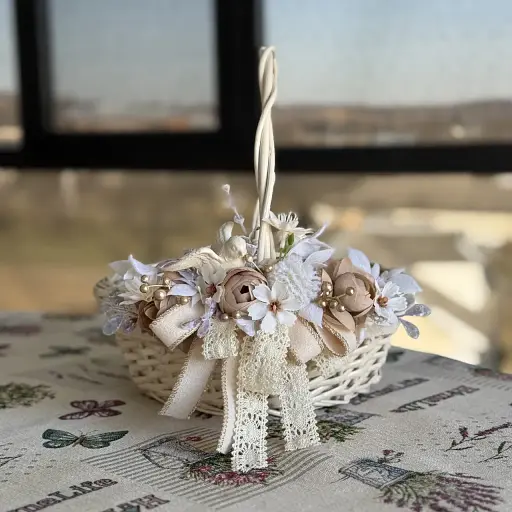 Пасхальная корзина 27×27×28 см hand-made MIS LT бежевая с кремовым декором круглая средняя - фото 1