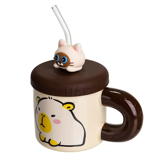 Чашка фарфоровая Капибара отдыхает 400 мл с крышкой и трубочкой FM-27A - фото 4