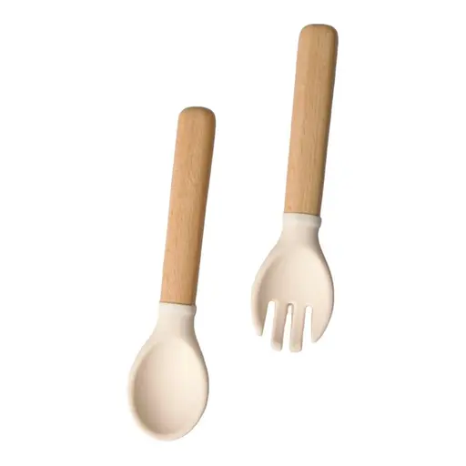 Приборы силиконовые детские OldBro ложка и вилка с деревянной ручкой, milk - фото 1