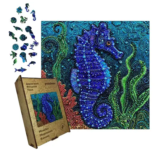 Дерев'яний фігурний пазл Мозаїка Морського Коника, А4, Картонна коробка 100 елементів