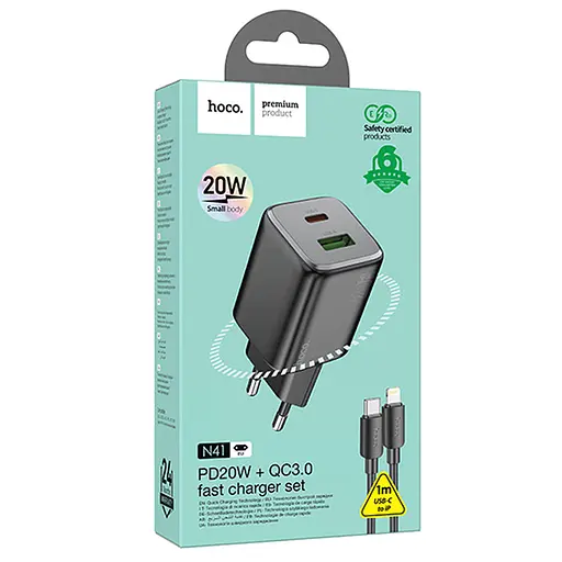 СЗУ Hoco N41 Almighty PD20W+QC3.0 (1USB-A/1C) + кабель Type-C to Lightning Black - фото 5