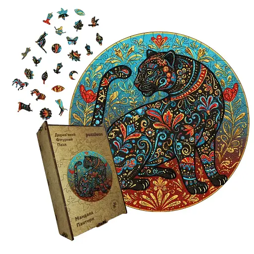 Дерев'яний фігурний пазл Мандала Пантери, А1, Дерев'яна коробка 500+ елементів